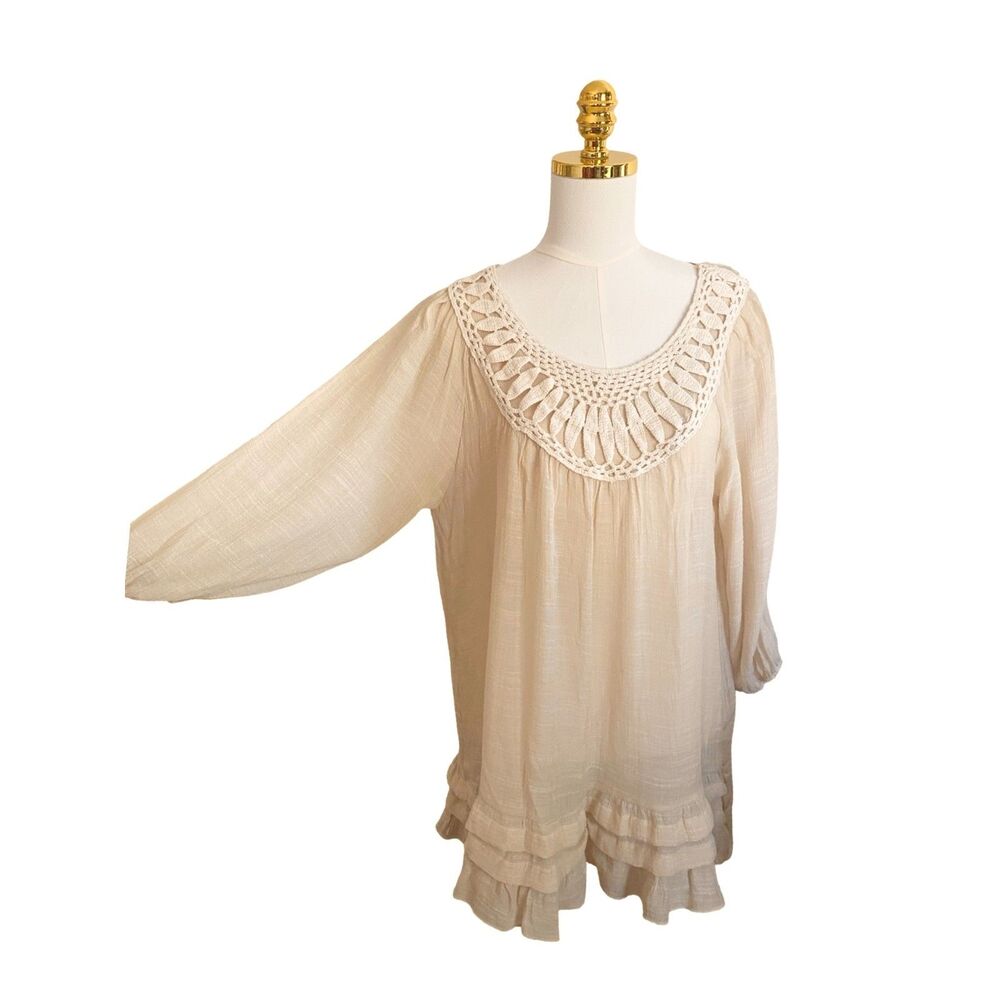 Cali Style Boho Crochet Ruffle Tunic Top Large Cream Lightweight Peasant NWT